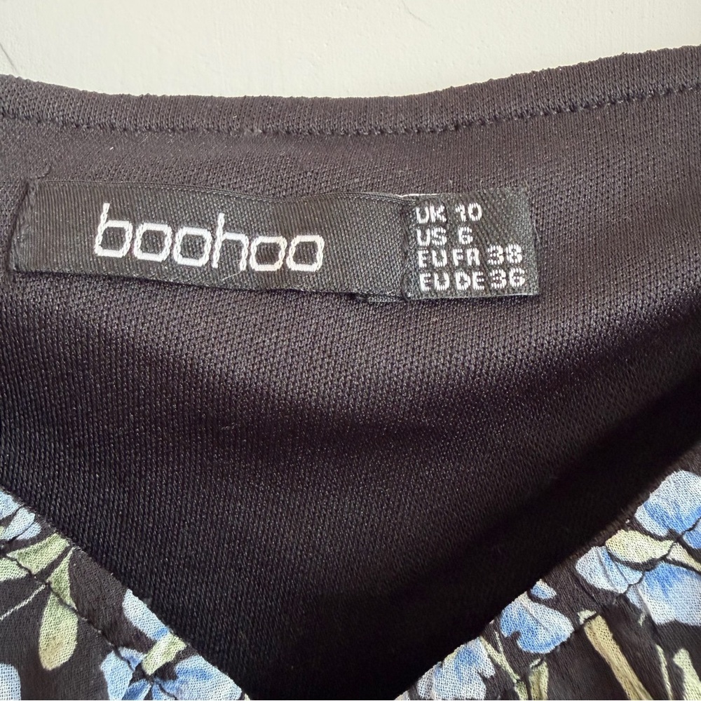 Boohoo Blue Floral Milkmaid Top Square Neck Balloon Sleeves | Size 6 - Picture 4 of 7